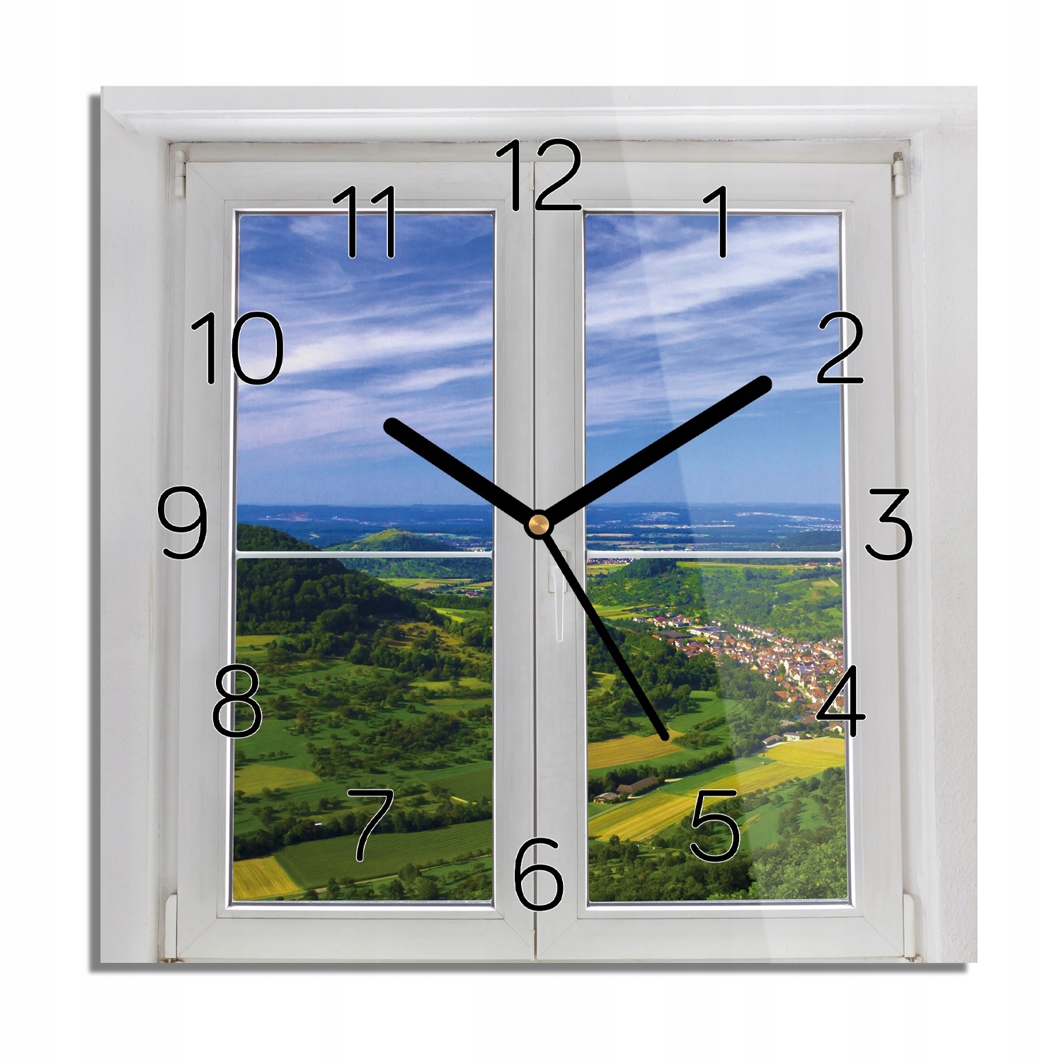 Okno pohled na pole domy skleněné hodiny čtverec 30x30