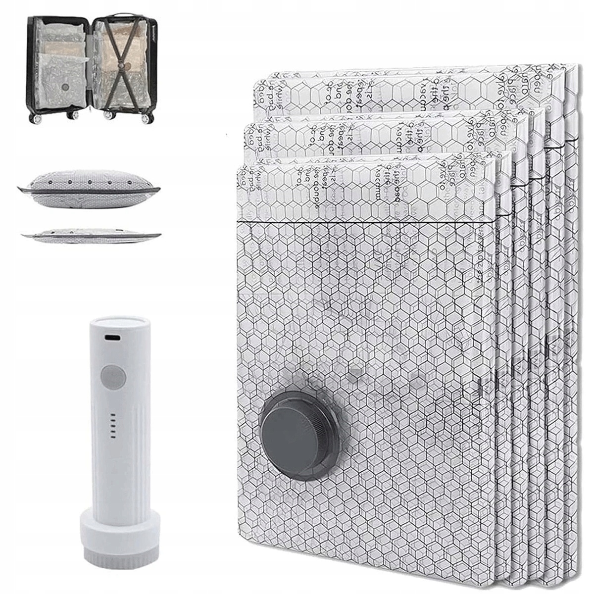 Vakuové sáčky 12 kusů 3 velikostí s bezdrátovou pumpou 1500 mAh