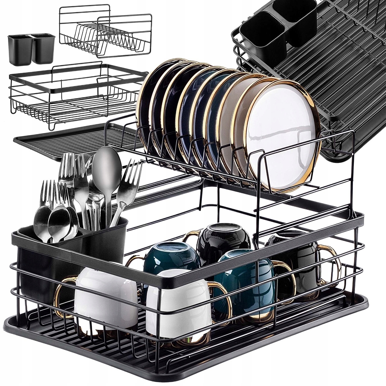 SUSZARKA DO NACZYŃ OCIEKACZ TALERZE STOJĄCA CZARNA DWUPOZIOMOWA DUŻA