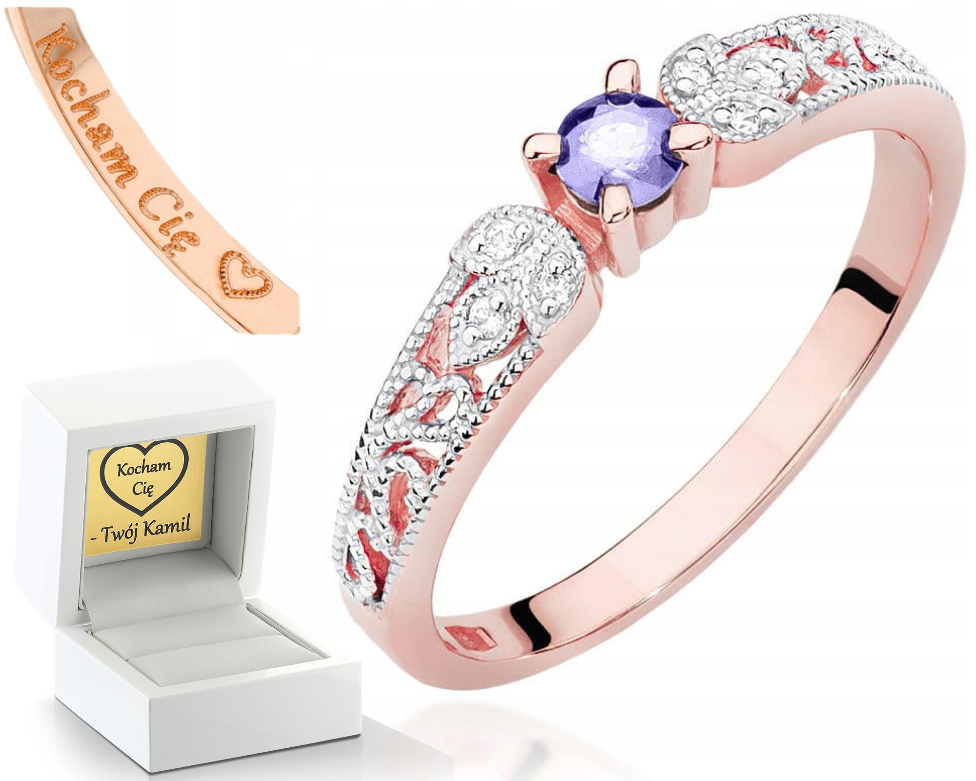 Růžové Zlato Prstýnek Tanzanit A Brilianty Gravírování 585 Bonus Dárek