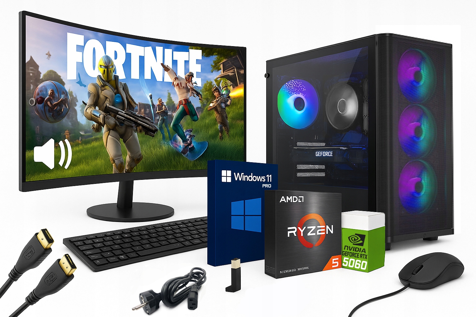 Zestaw Komputer Do gier FusionX Ryzen 7 5700X RTX5060 32GB 2TB W11+ LCD 27"
