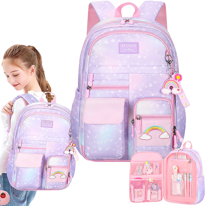 PLECAK SZKOLNY TORNISTER WIELOKOMOROWY DLA DZIEWCZYNKI KLASKA 1-3 TĘCZOWY