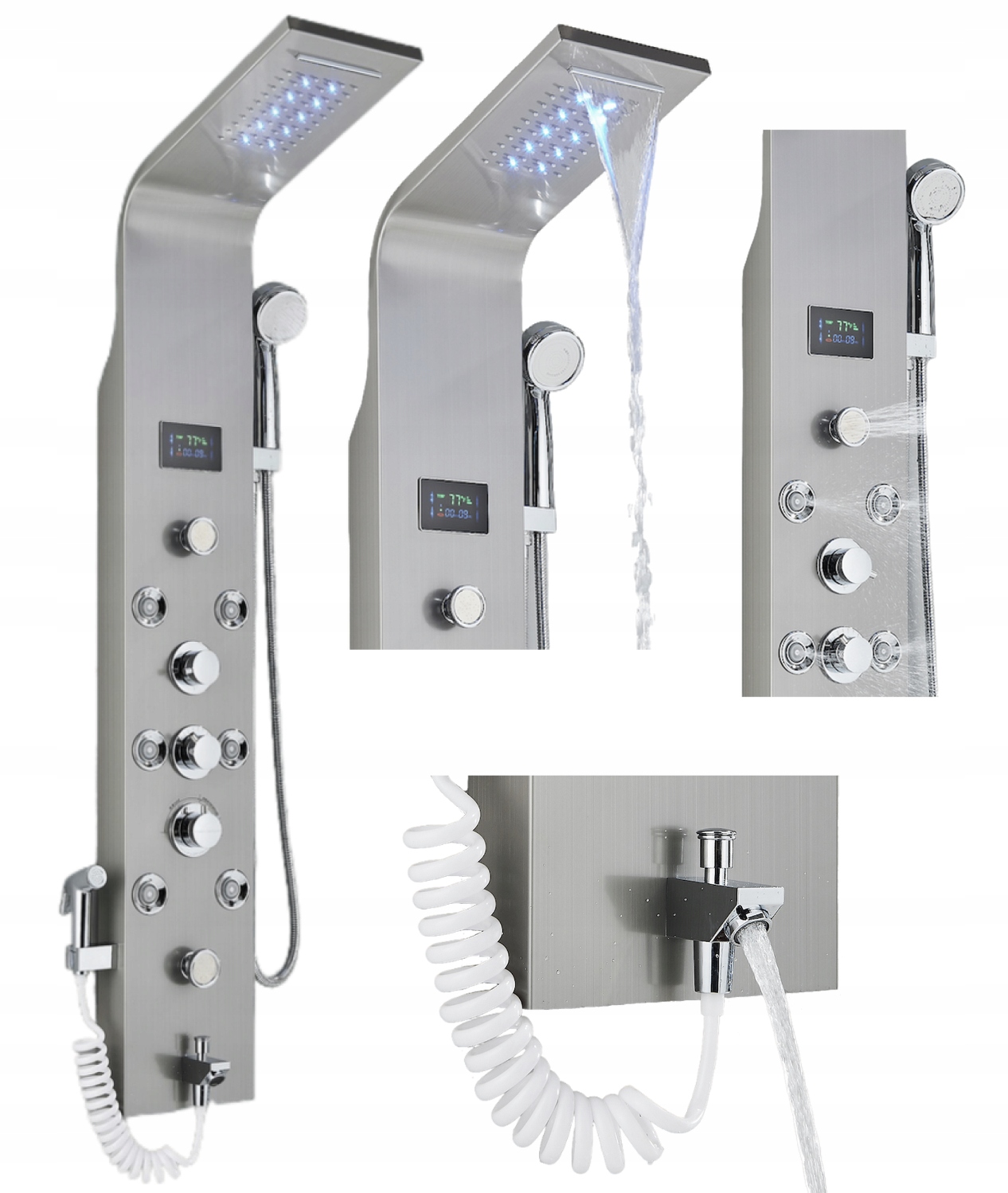 Led sprchový panel, vodopád, hydromasáž, strieborný displej