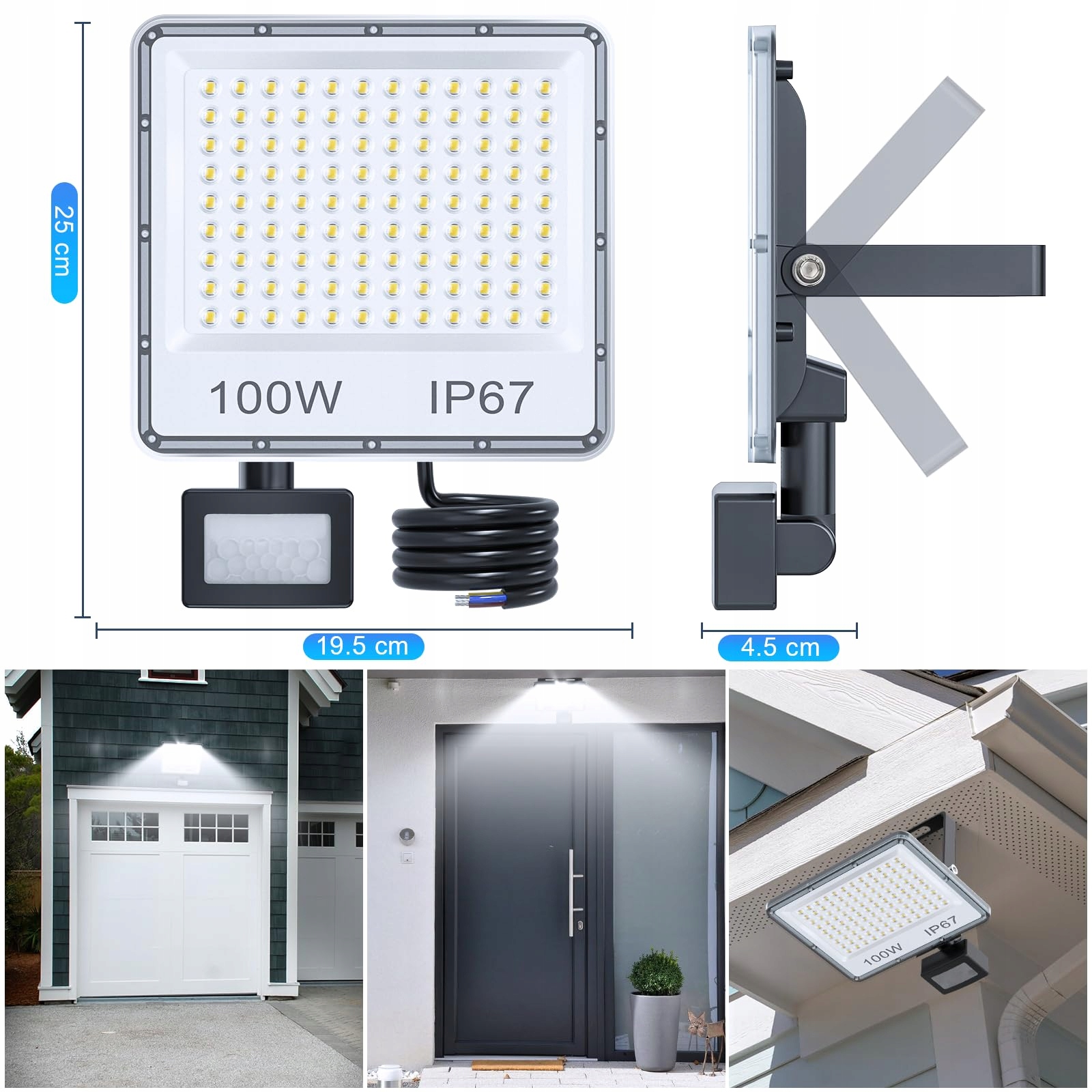 YIQIBRO 100W LED Reflektor z Czujnikiem Ruchu Zimna Biała IP67 Ogród Garaż — miniatura 7