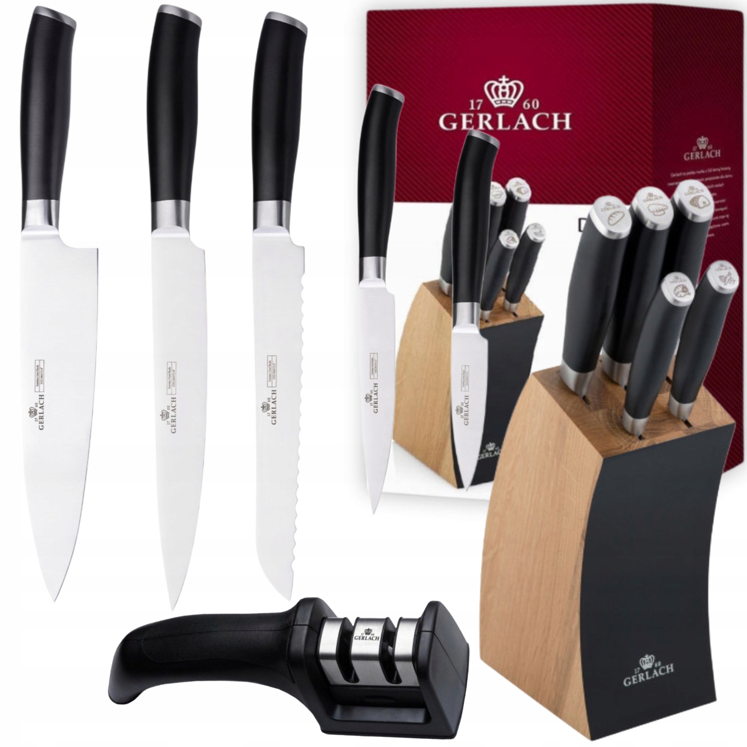 Gerlach Deco Black Súprava 5 Oceľových Kuchynských Nožov V Bloku Brusný Kameň