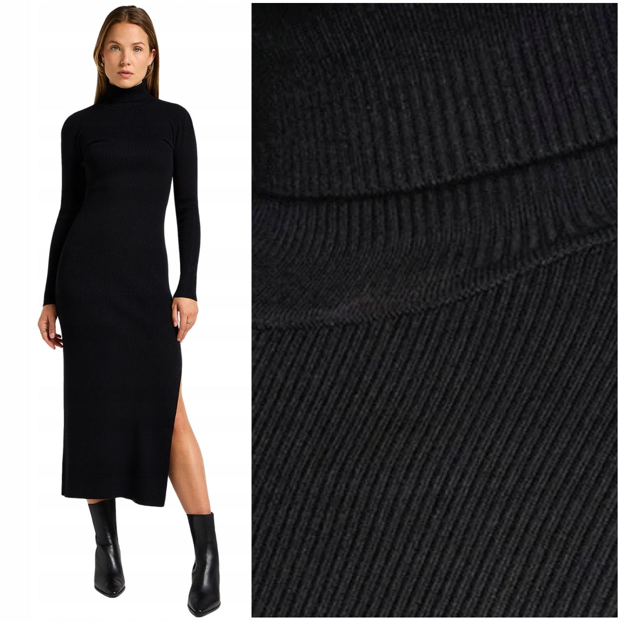 Lee Knitted Dress přiléhavá dlouhá černá šaty s rolákem a rozparkem M