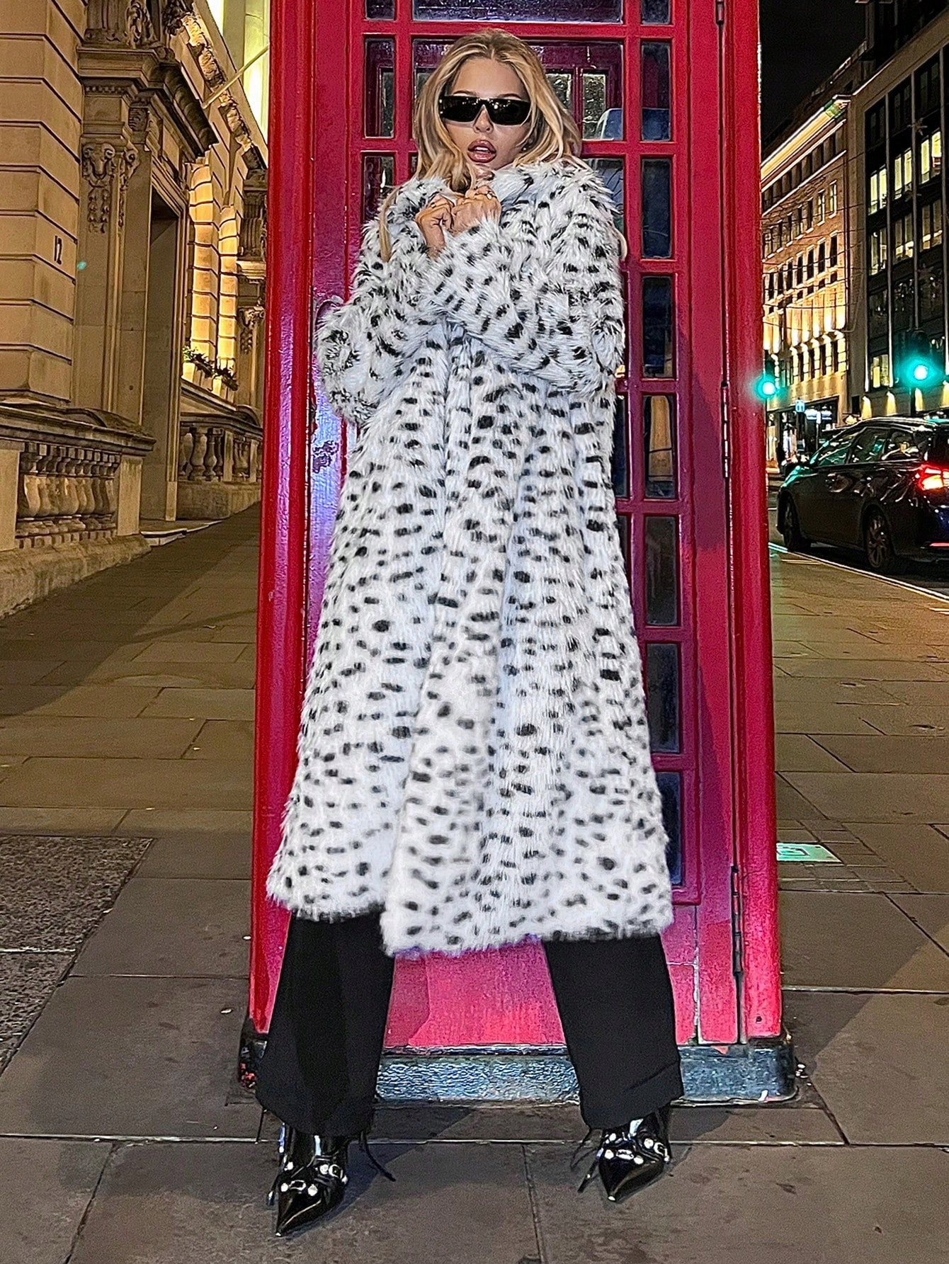 Kožíšek Dlouhý Oversize Kabát Panterka Bílo-černý Shein L 40