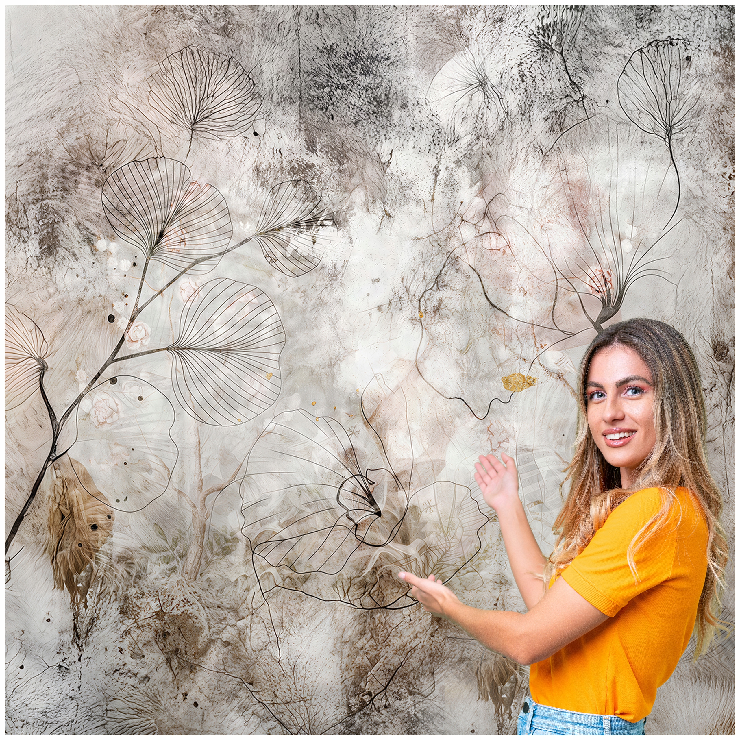 Fototapeta 3D SALON SYPIALNIA BOHO KWIATY LIŚCIE BETON LOFT 294x260 BKLB01F