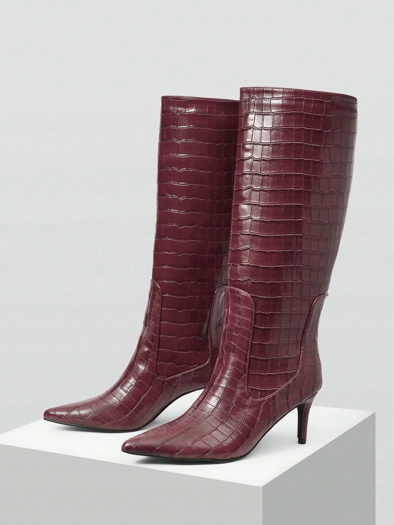 Dámské Kožené Kozačky Elegantní Burgundské Krokodýlí Kůže Shein 41