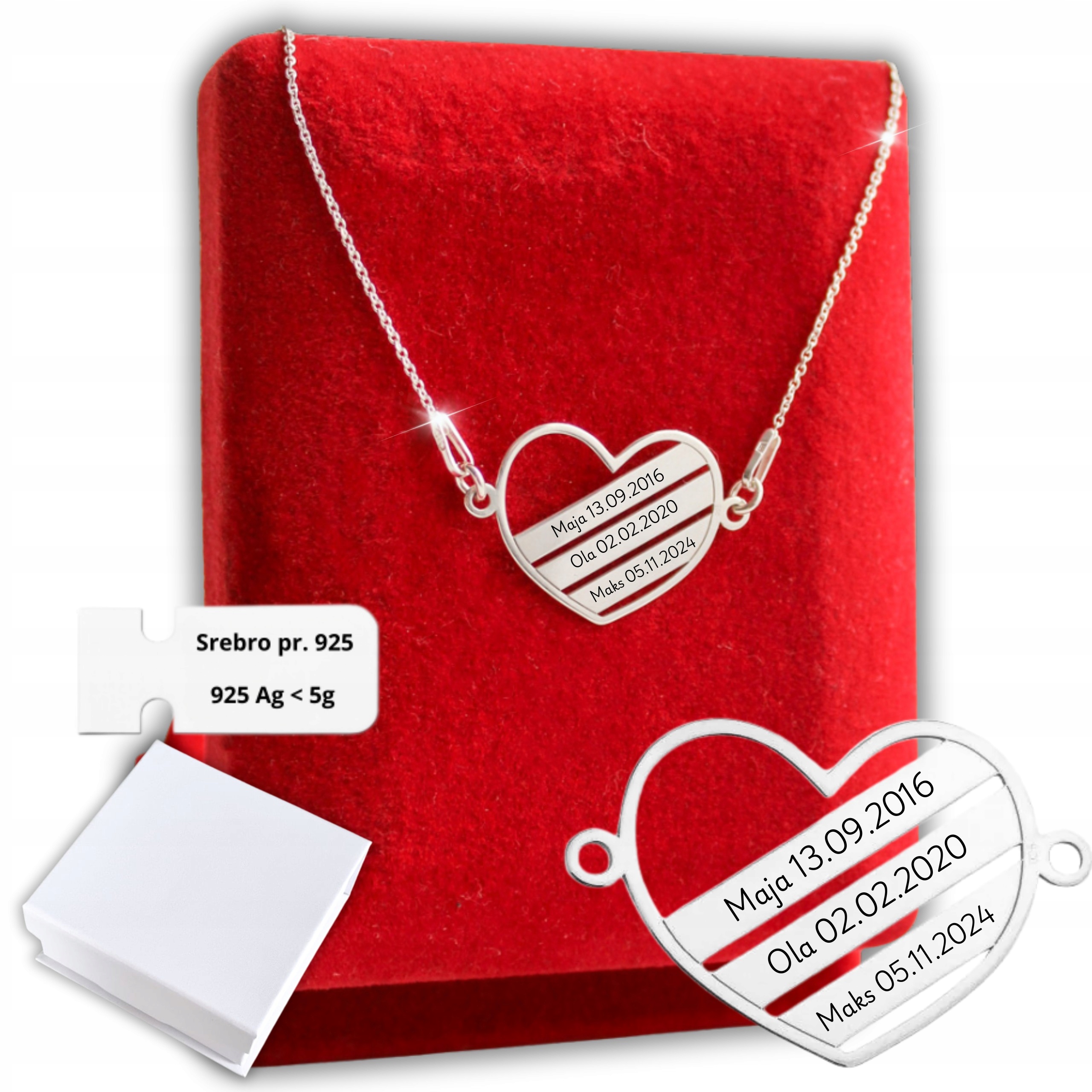 Stříbrný Řetízek Náhrdelník Srdce Tři jména 925 Gravírování Dárek pro maminku