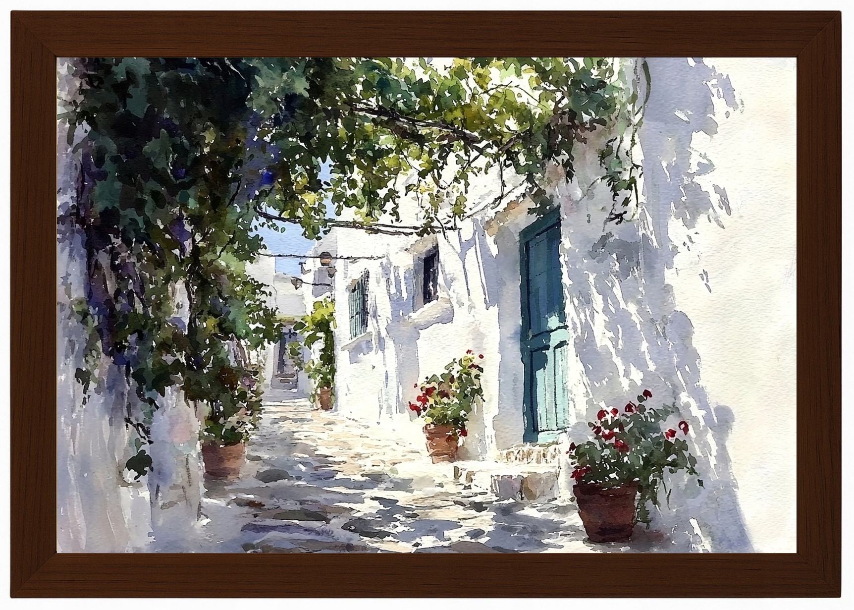 Plakát Rámeček Plakát Dřevo Řecko Bílé Domy Květiny Pergola Santorini 60x40