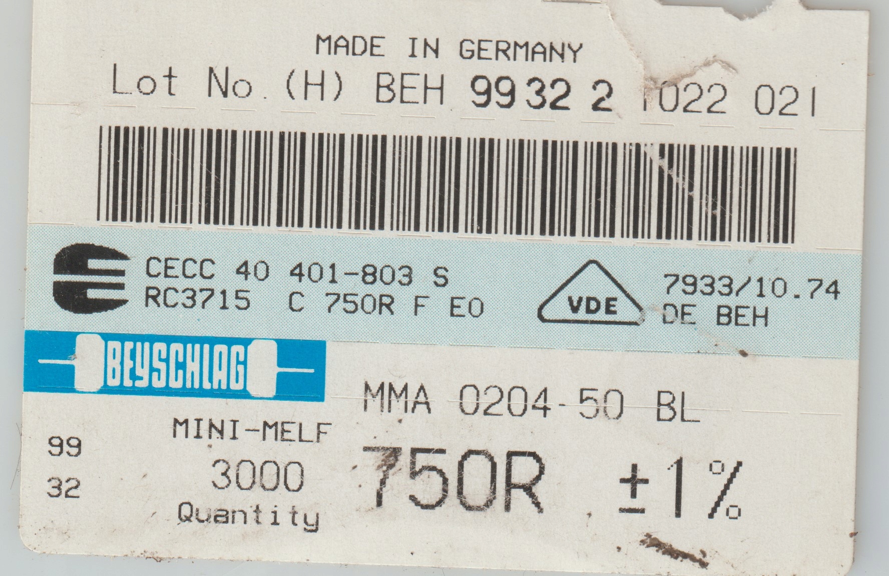 [100szt] 750R 1% 50ppm rezystor Smd minimelf MMA0204 Beyschlag low noise