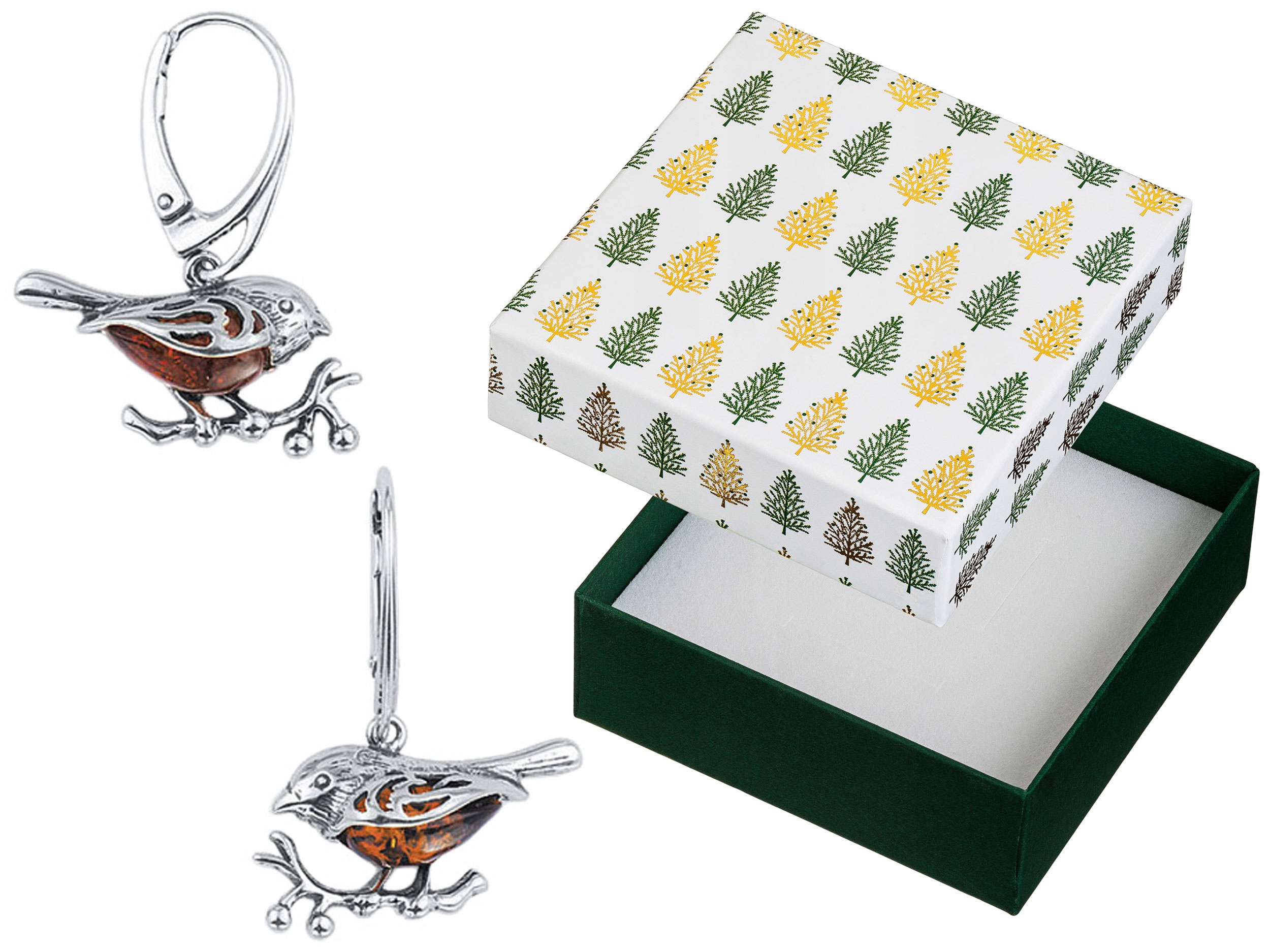 Stříbrné Náušnice Závěsné náušnice Vrabci s jantarem Anglické zapínání Oxidované