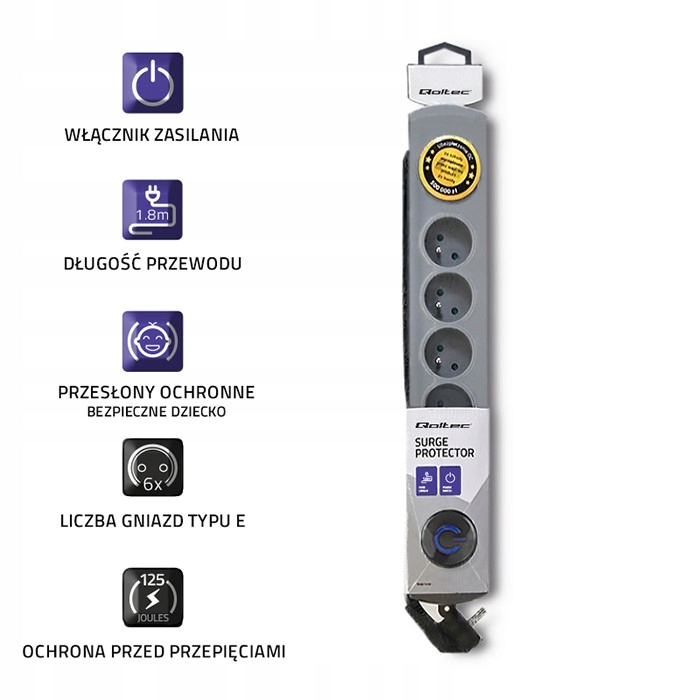 Qoltec Listwa antyprzepięciowa 6 gniazd 1.8m Kod producenta 50165