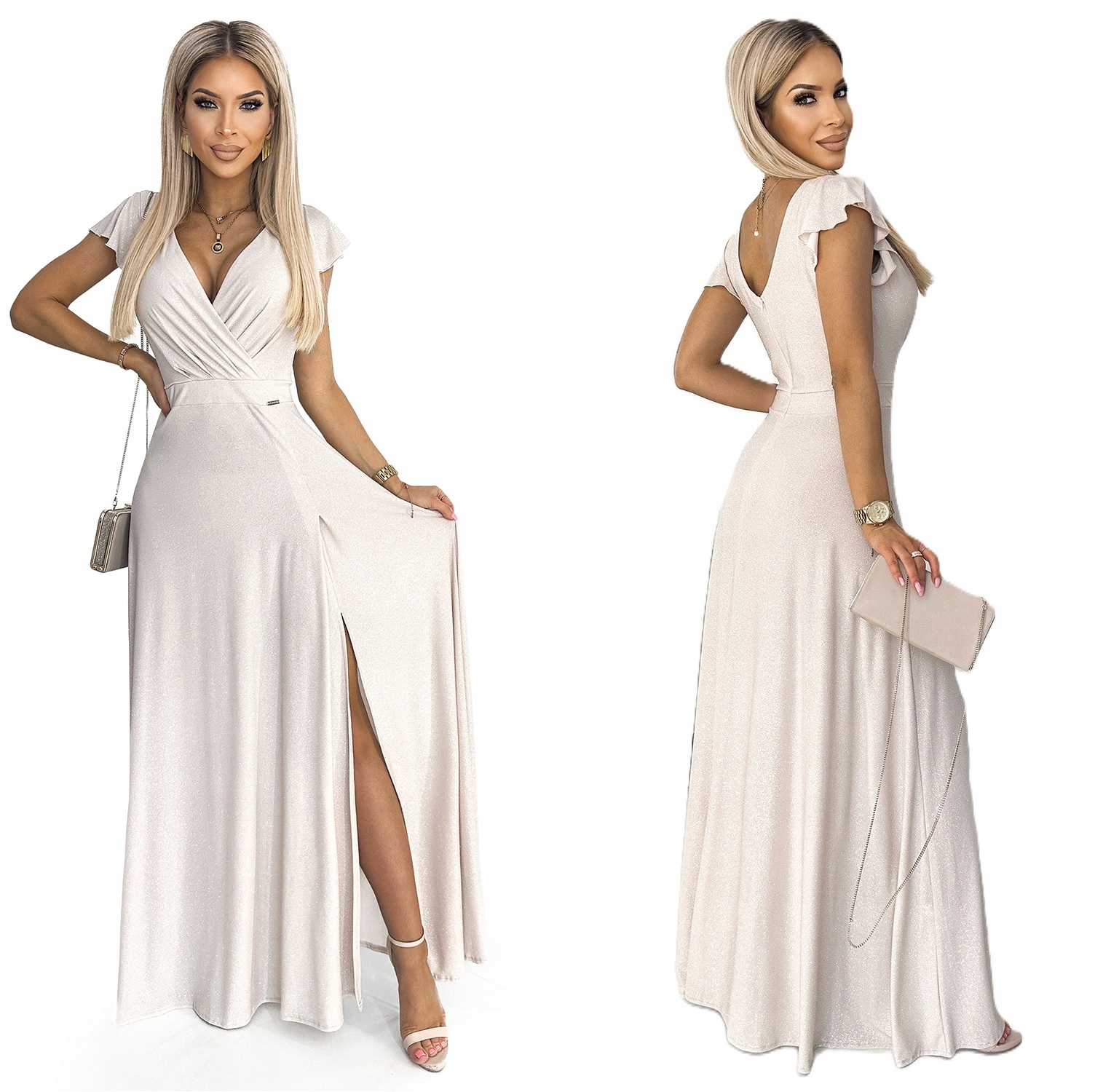 Lesklá Dlouhá Sukně S Velkým Výstřihem Na Silvestrovský Ples, Béžová XXL