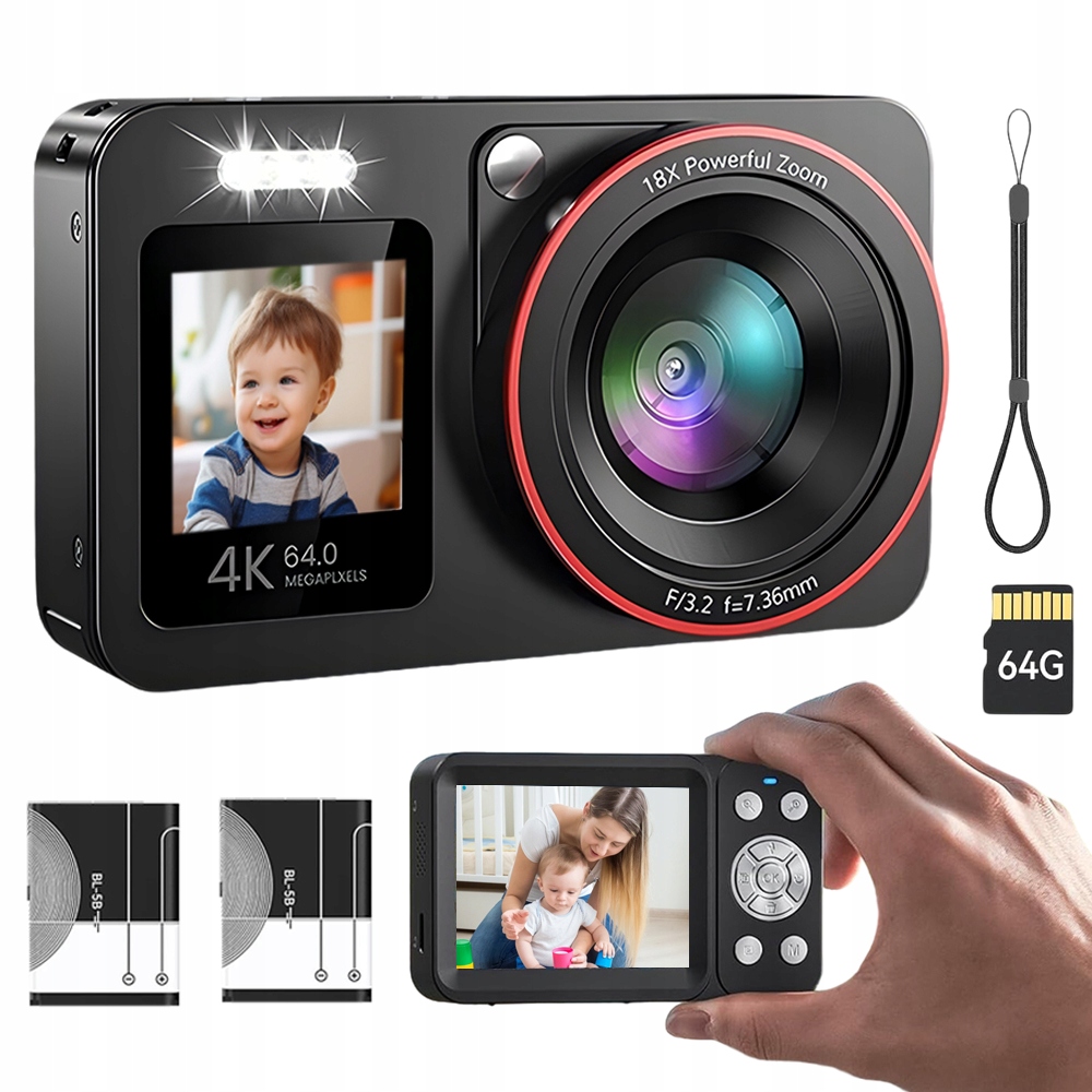 Digitální Fotoaparát 4K 18X 64 Megapixelů, Dvojitá Obrazovka, Stabilizace Obrazu