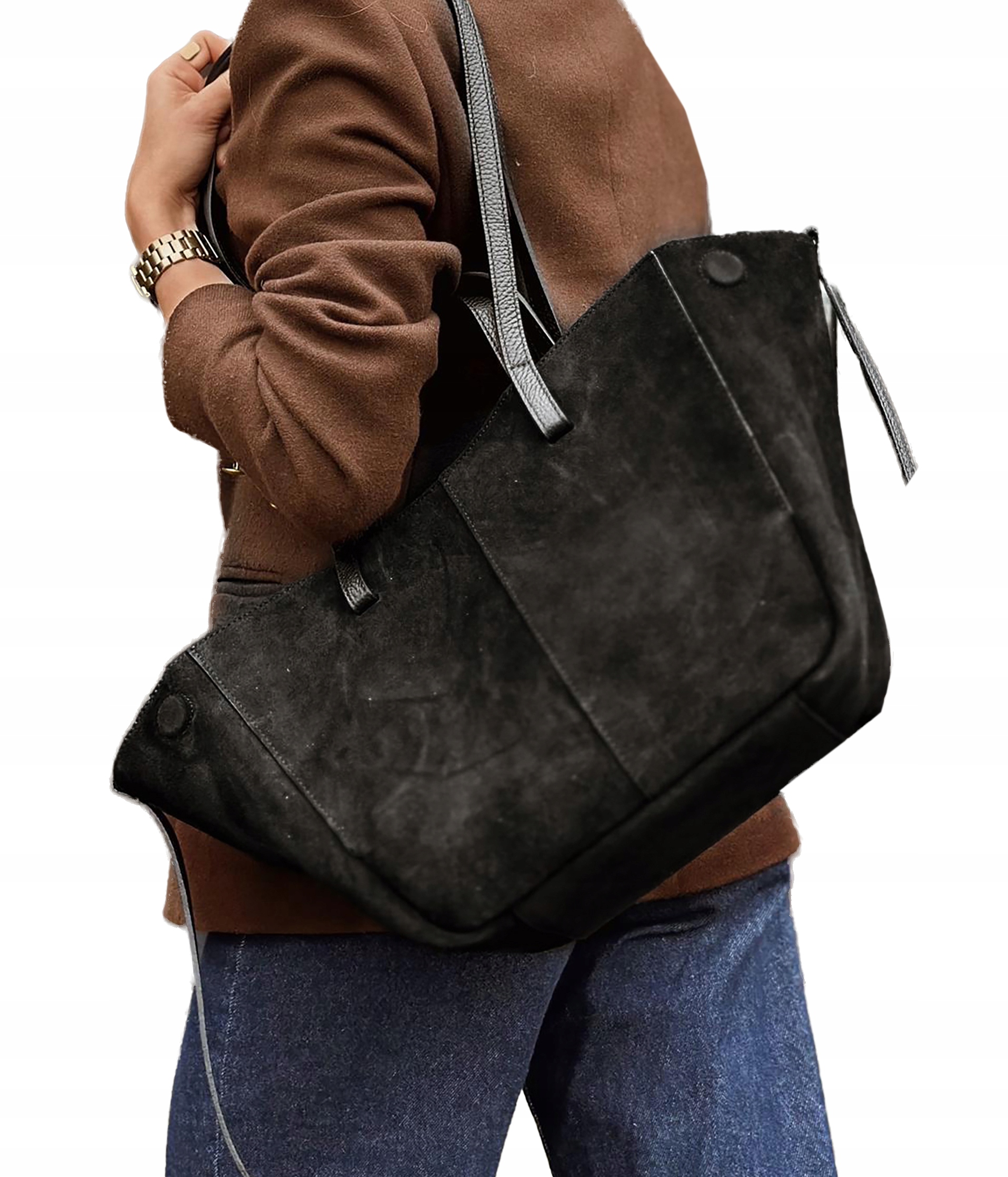 Prostorná dámská kožená kabelka Shopper přes rameno, přírodní semiš, Černá