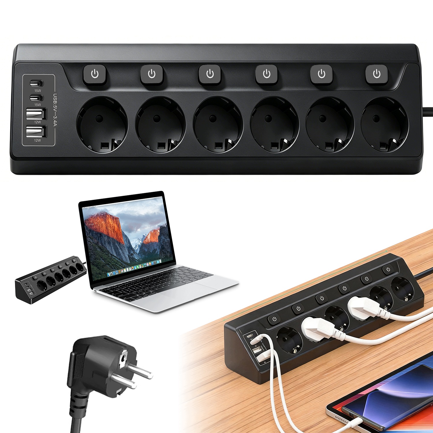 Prodlužovací Kabel 6 Zásuvek 2x Usb 2XUSB-C Kabel 2M Silný 230V Černý