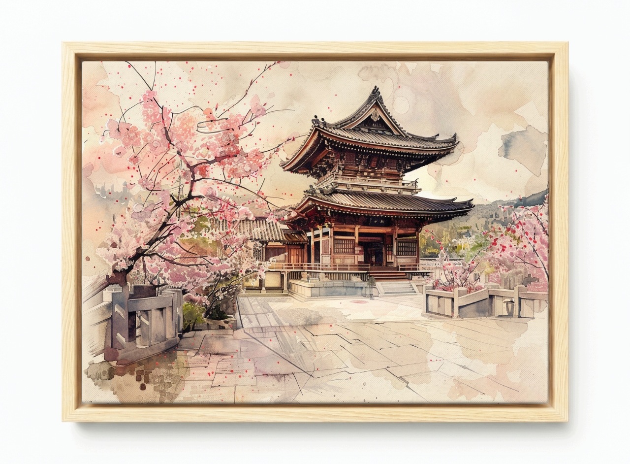 Obraz Rám Americký Box Japonský Kvetoucí Chrám Višeň Akvarel 60x40