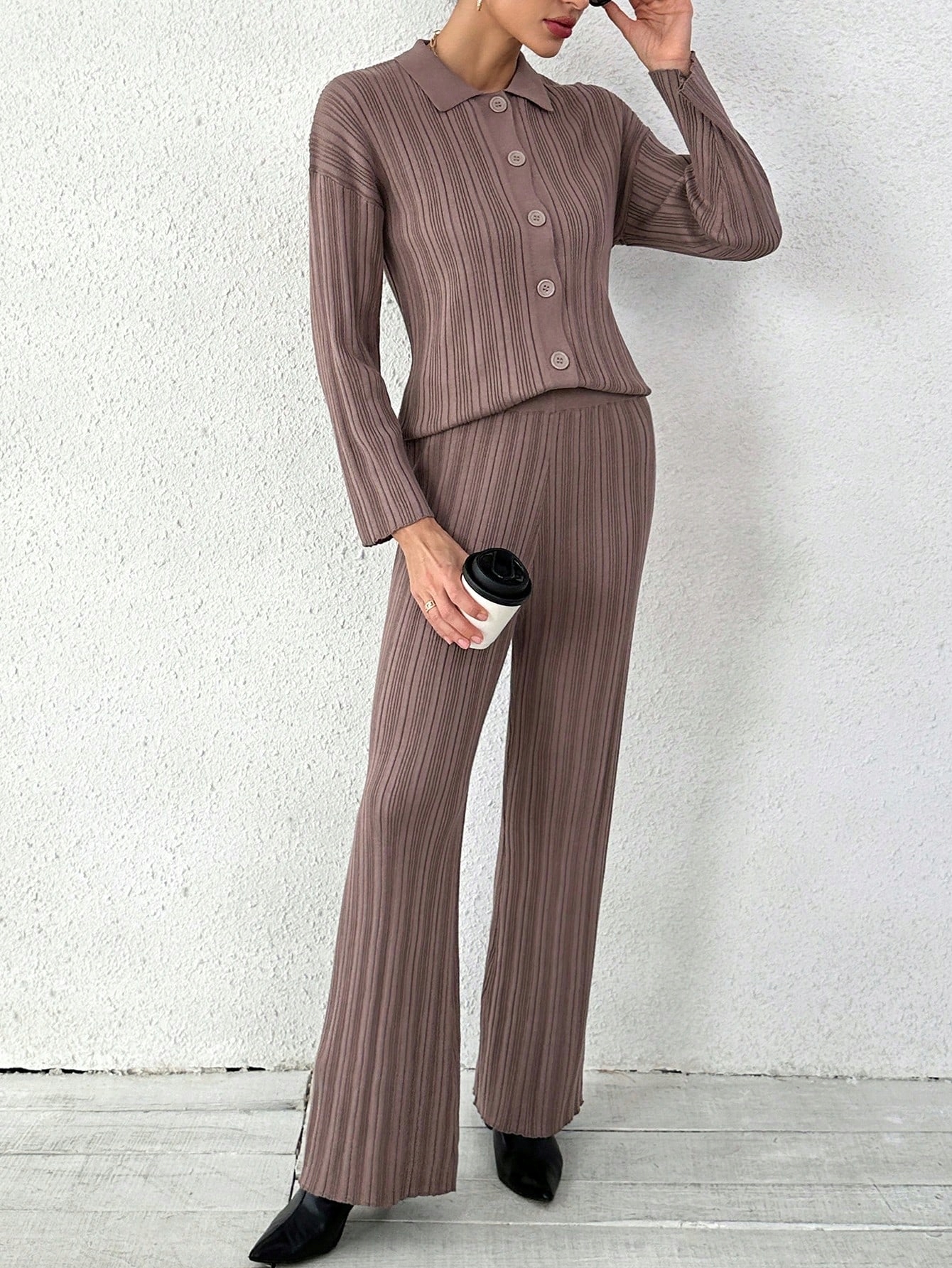 Dámské Úpletové Komplety Oversized Hnědé Žebrované Casual Shein Xs 34