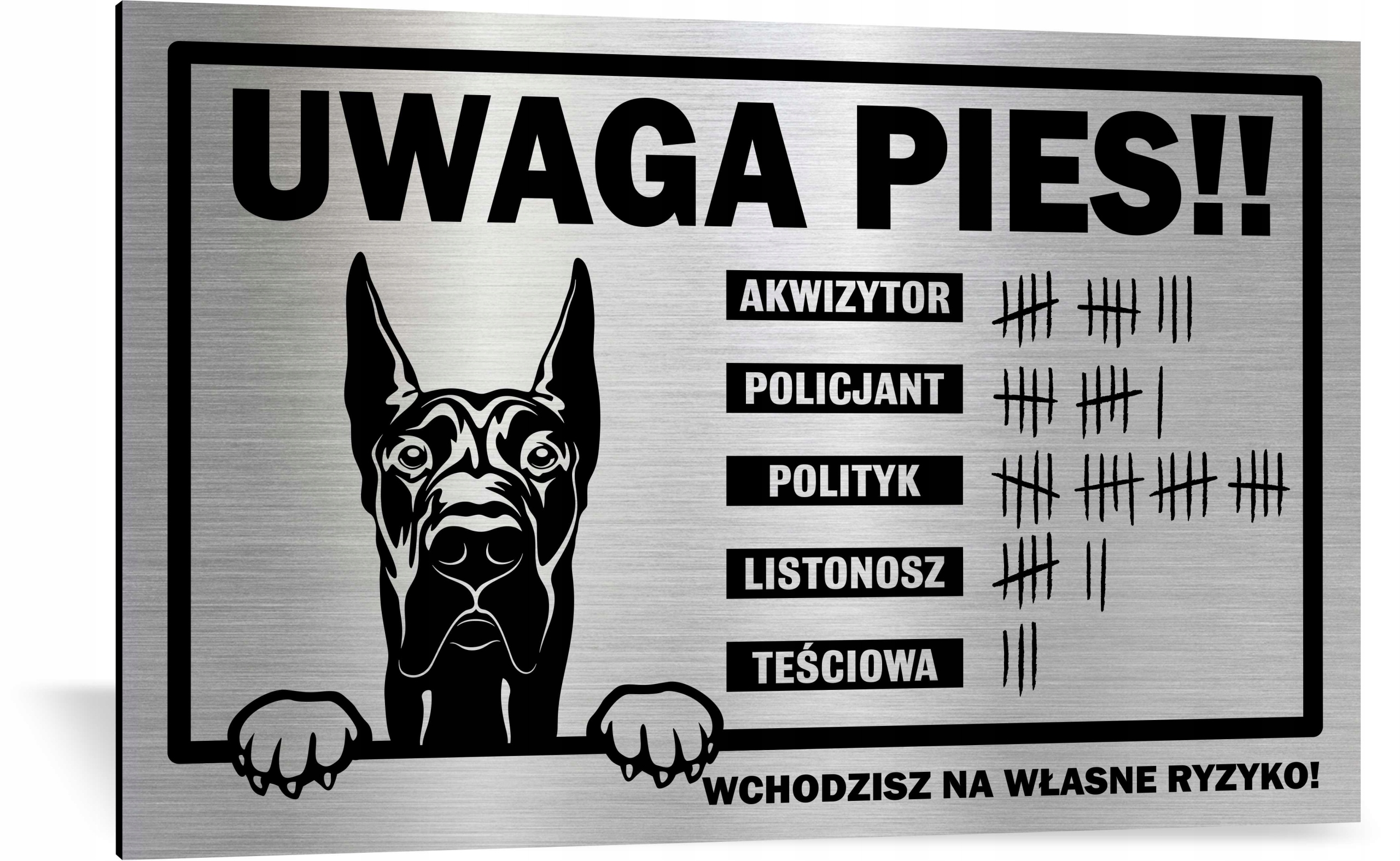 Tabliczka ALUMINIOWA UWAGA PIES ZABAWNA WSZYSTKIE RASY DRUK UV