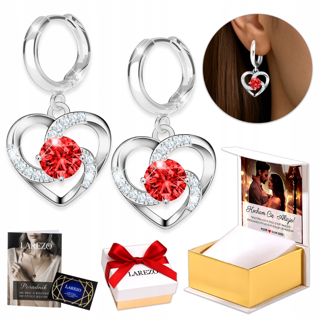 Stříbrné Náušnice 925 Spirály s červeným očkem srdce Červené Zirkony