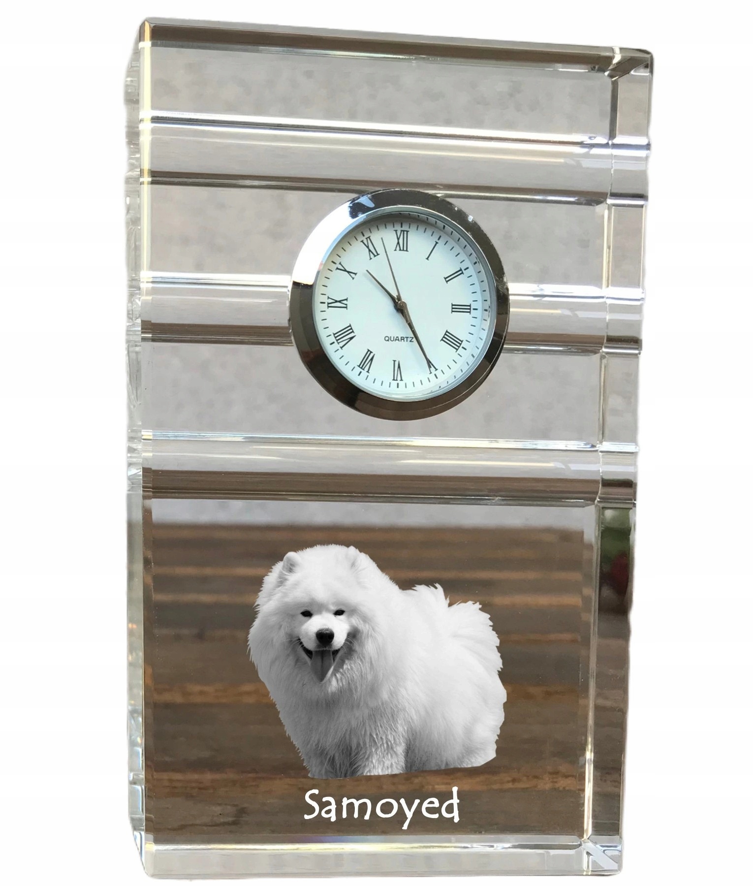Samojed Samoyed krištáľové stolové hodinky so psom, s vašou fotografiou