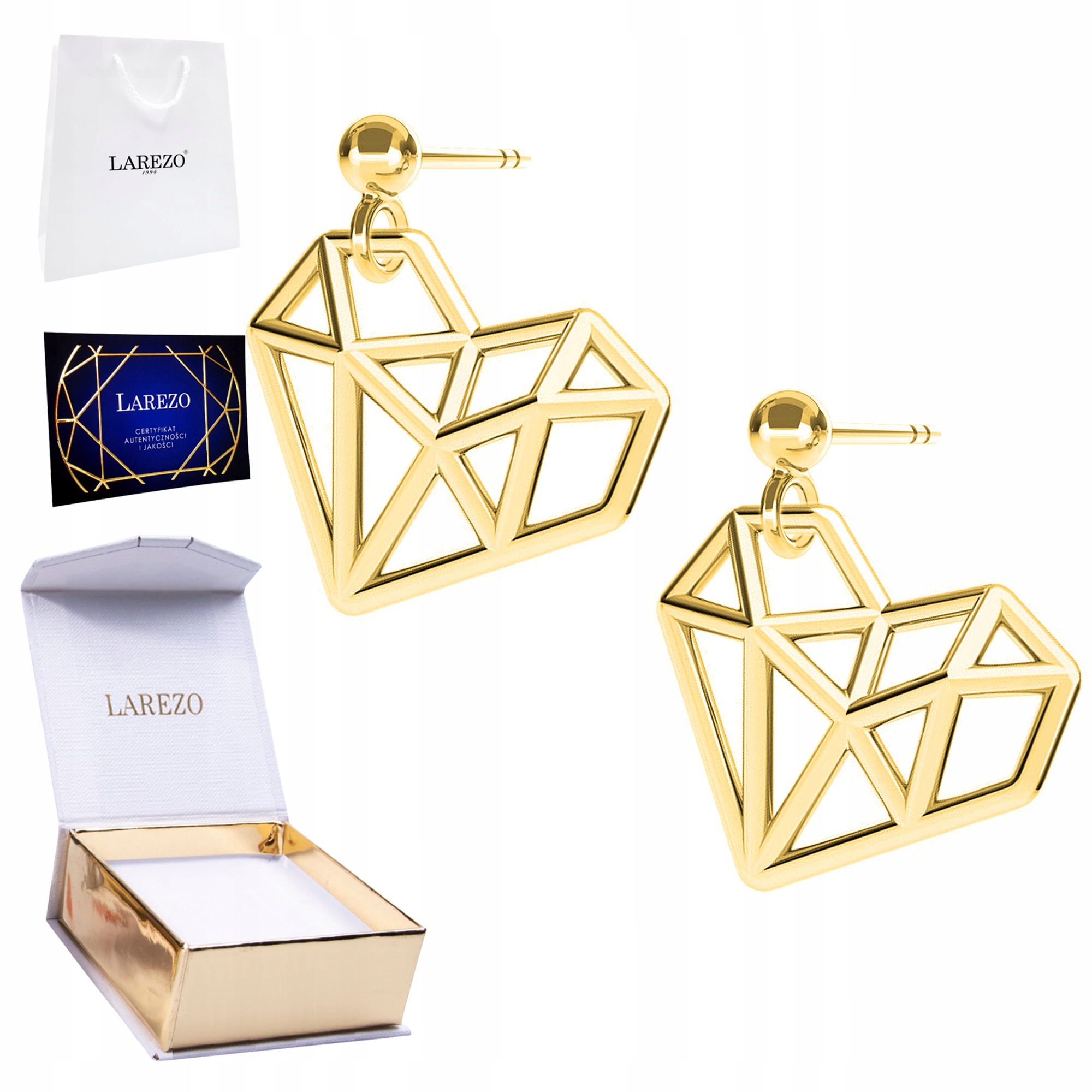 Zlaté Náušnice 925 Pozlacené ažurové srdce Klenoty Diamanty Brilianty Srdce