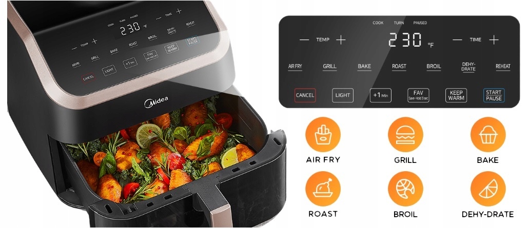 MIDEA Frytkownica Beztłuszczowa XXL 9L 8w1 Grill Pieczenie Dehydratacja — miniatura 12