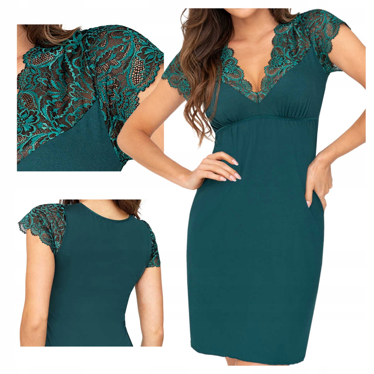 Donna Košile noční z viskózy s krajkovým výstřihem Melania zelená M