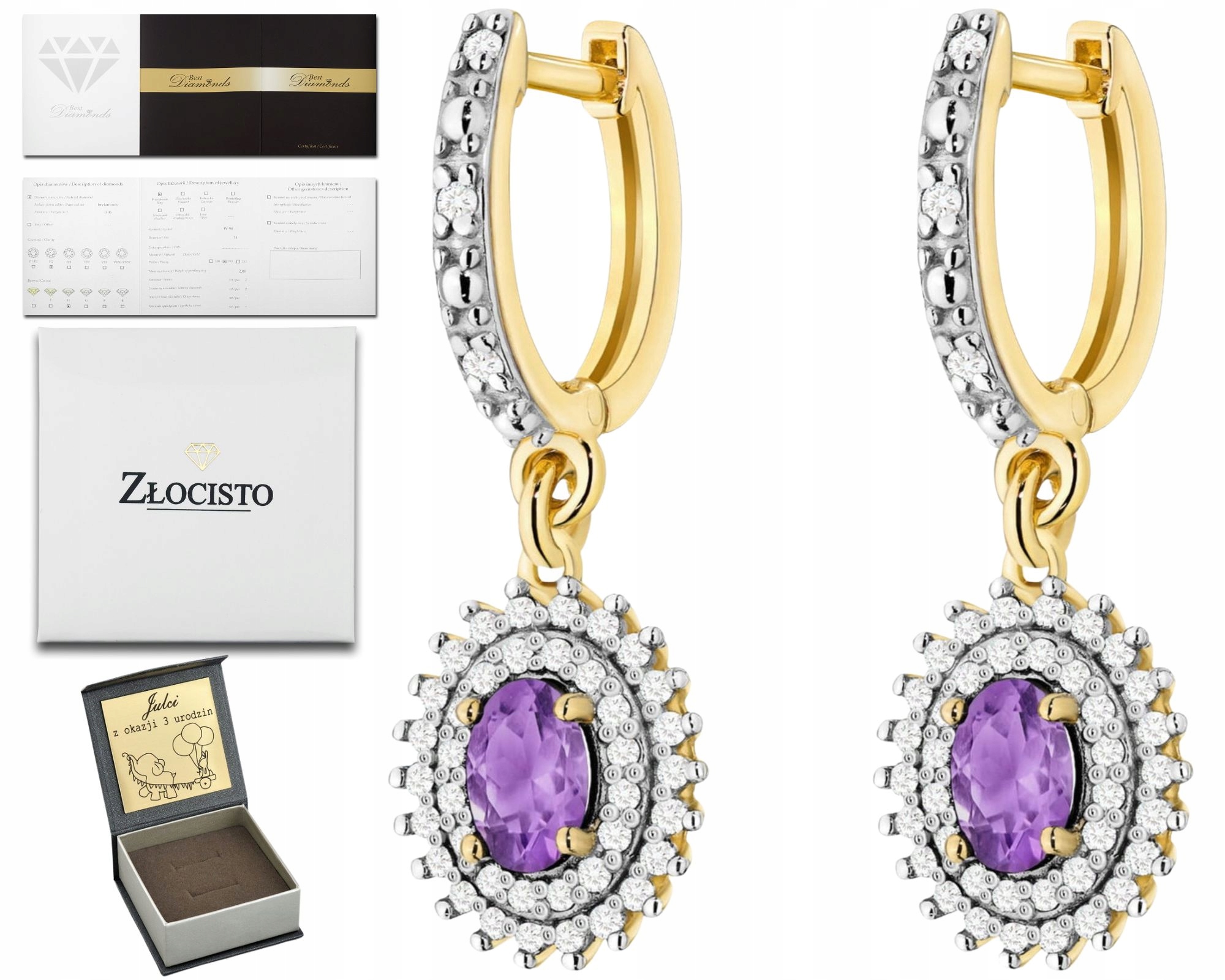 Zlaté Náušnice Přírodní Kámen Ametyst Diamanty Zlato 585 14K Dárek