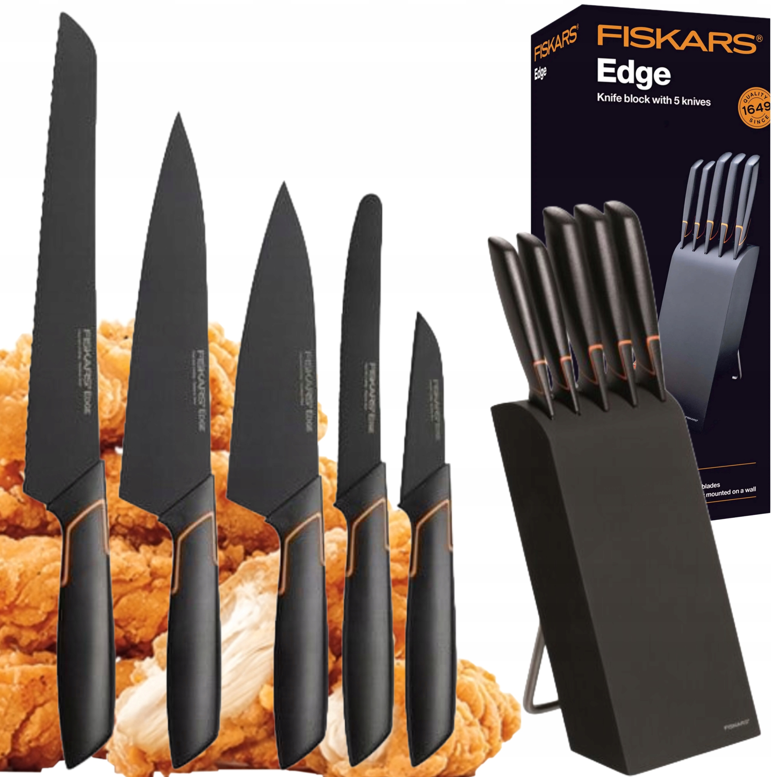 Fiskars Sada 5 Nožov V Bloku Edge Kuchynská Súprava Premium, Ostré, Čierne