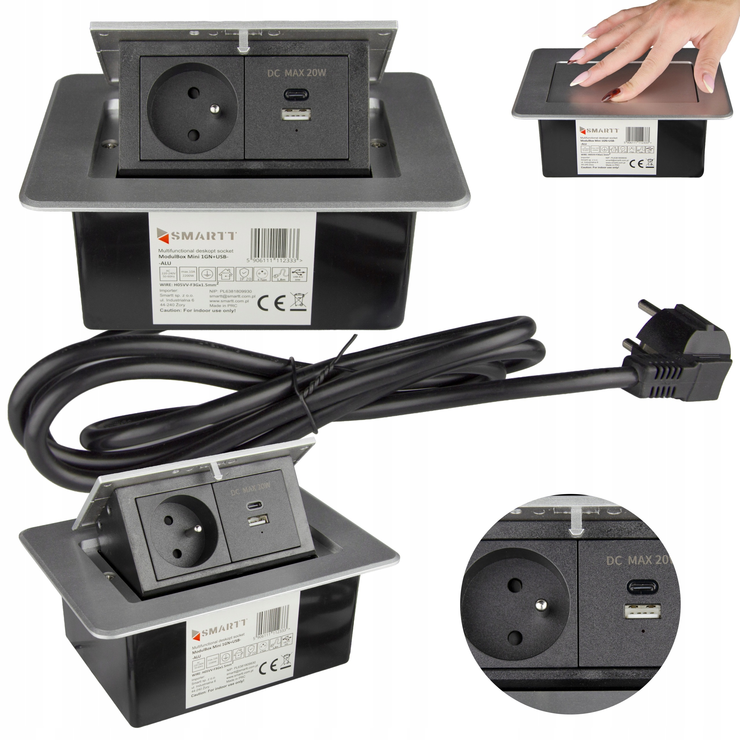 Nábytková zásuvka na desku schovaná do desky 1x230V 2x Usb Modulbox Stříbrná