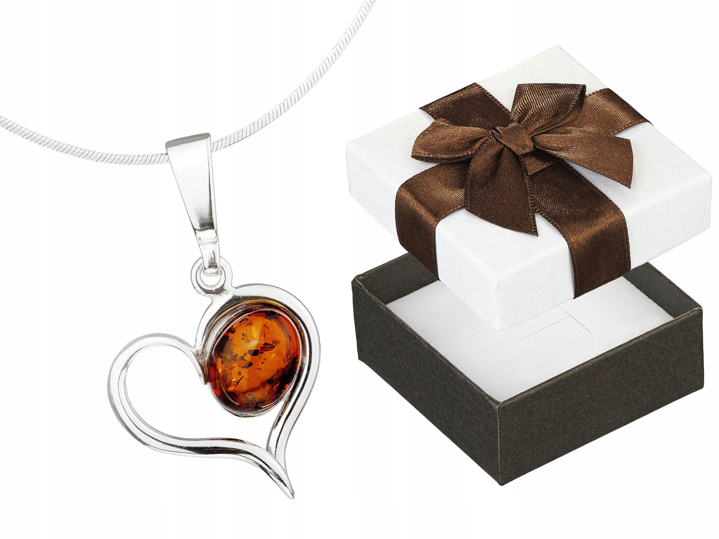 Dlouhý Stříbrný Dámský Asymetrický Náhrdelník Srdce s Jantarem Stříbro 50 cm