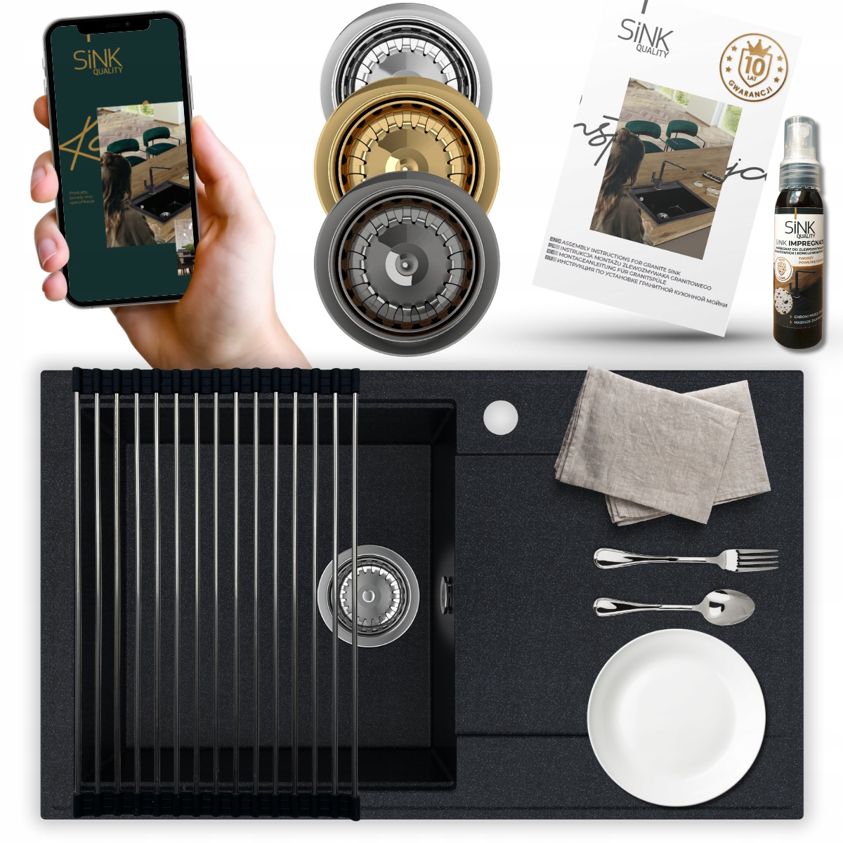 Jednokomorový granitový dřez s odkapávačem a manuálním sifonem, odkapávač 8v1