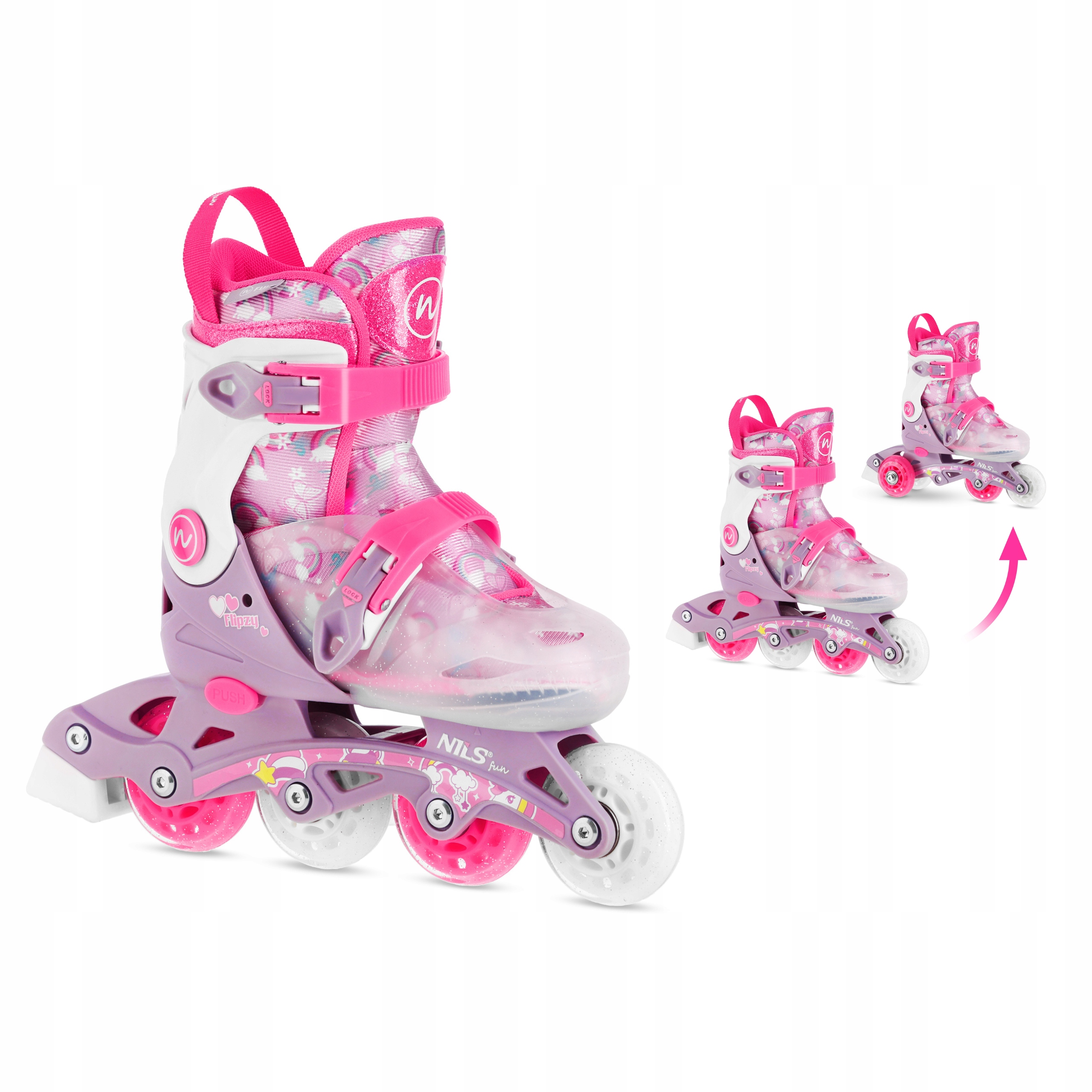 Kolečkové Brusle 2v1 pro děti kaučukové růžové fialové Xs 27-30 Nils Fun