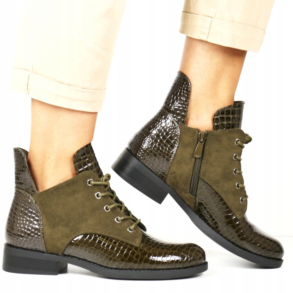 Kotníkové Boty Na Ploché Podrážce Zelený Semiš Lak Aligator