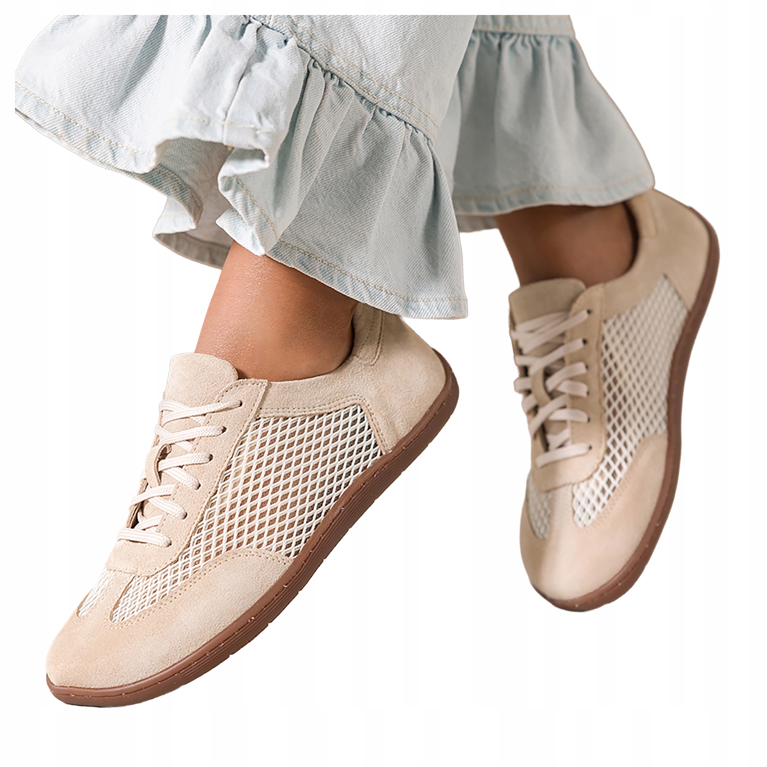 Beżowe Buty Barefoot Damskie Sznurowane Siateczkowe Płaskie Skórzane r 38