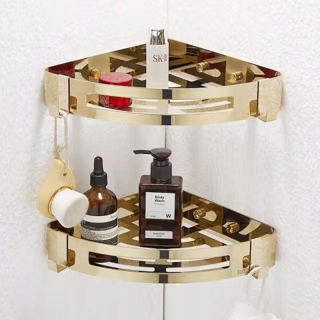 2x Rohová Police Do Koupelny Nerezová ocel zlato Nerezová ocel SUS304+Lepidlo