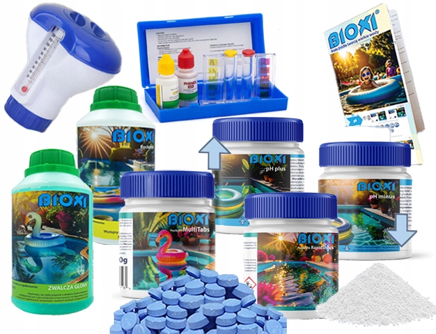 Zestaw 9w1 Chlor Do Basenu Sezon Chlor pH Alga Flock Tester Termometr