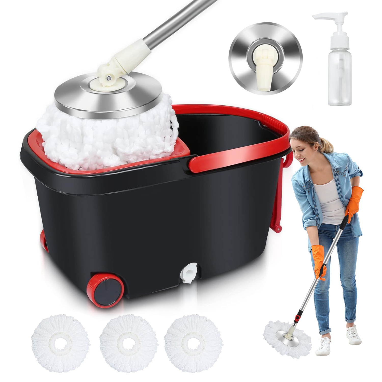 Levně Sada Na Mop S Otočným Kbelíkem A Dlouhou Rukojetí 7,5 l černá