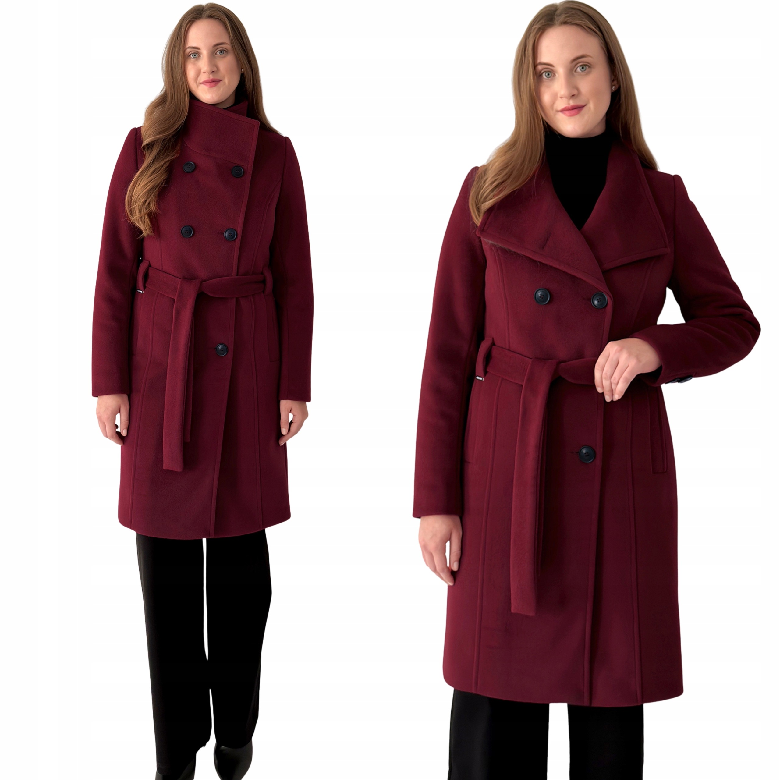 Elegantní dámský zimní dvouřadý kabát z vlny alpaka burgundské barvy Bordový 40