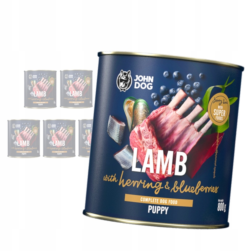 Levně John Dog Junior Jehněčí A Sleď borůvky 6 x 800 g