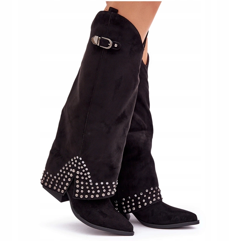 Kozačky S Vyhrnutým Svrškem S Kamínky A Zasouvací Sponou, Černé, Velikost 39