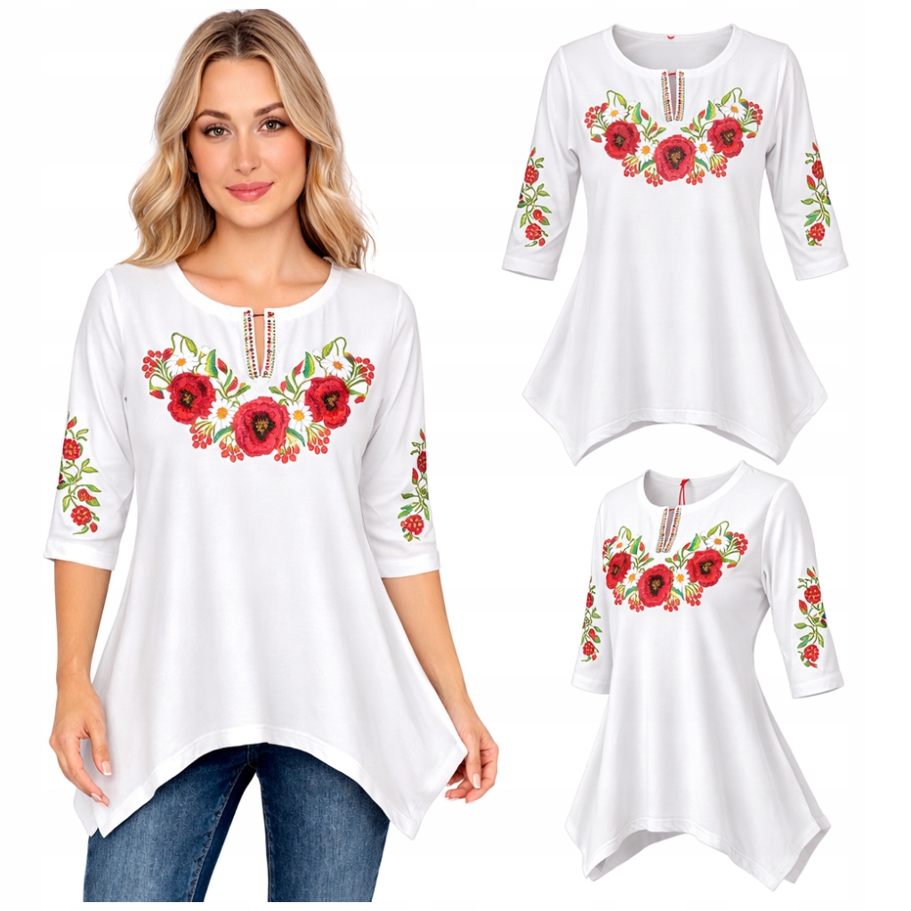 Dámská tunika Horalská s výšivkou 3/4 rukáv s květy Folková Bílá S
