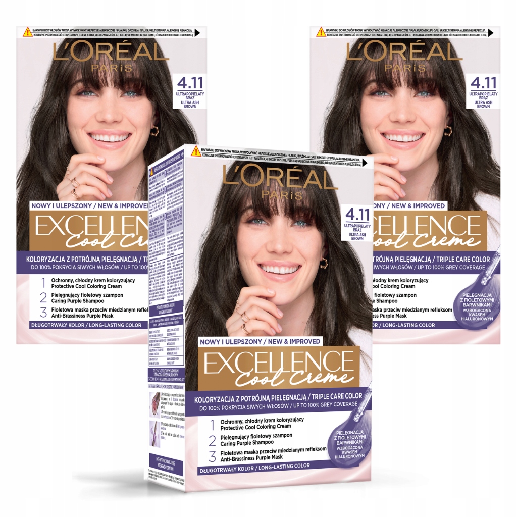 Zestaw 3x L'Oreal Excellence Creme Farba Do Włosów 4.11 Ultrapopielaty Brąz
