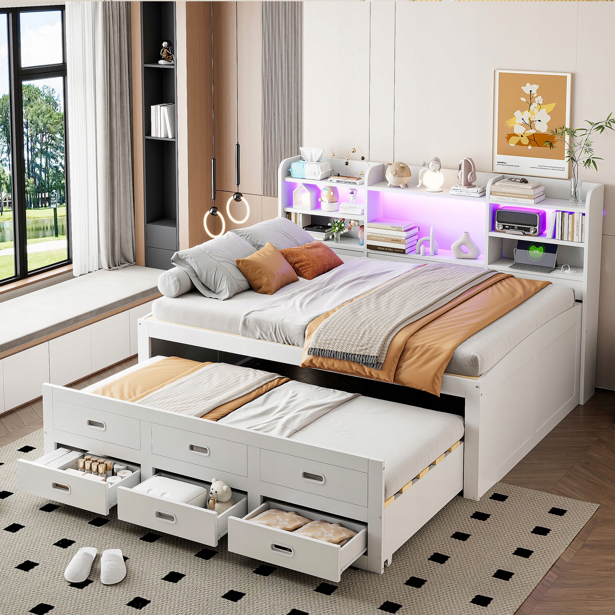 Rozkládací pohovka 140 x 200 cm s vysouvacím lůžkem Usb Type-C Led 3 zásuvky Bílá