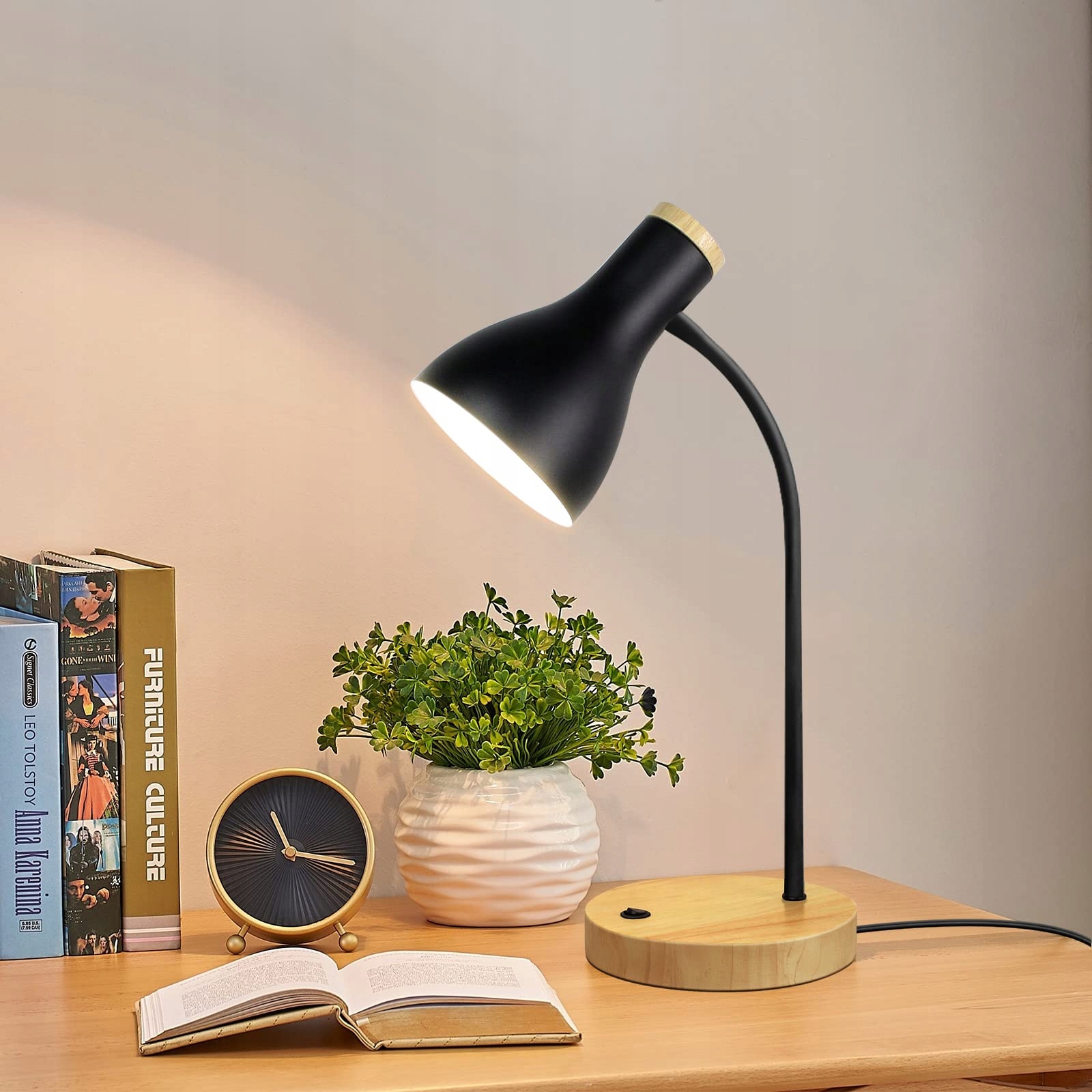 Lalisu Led Stolní Lampa Dřevěná s Nastavitelným Ramenem Černá