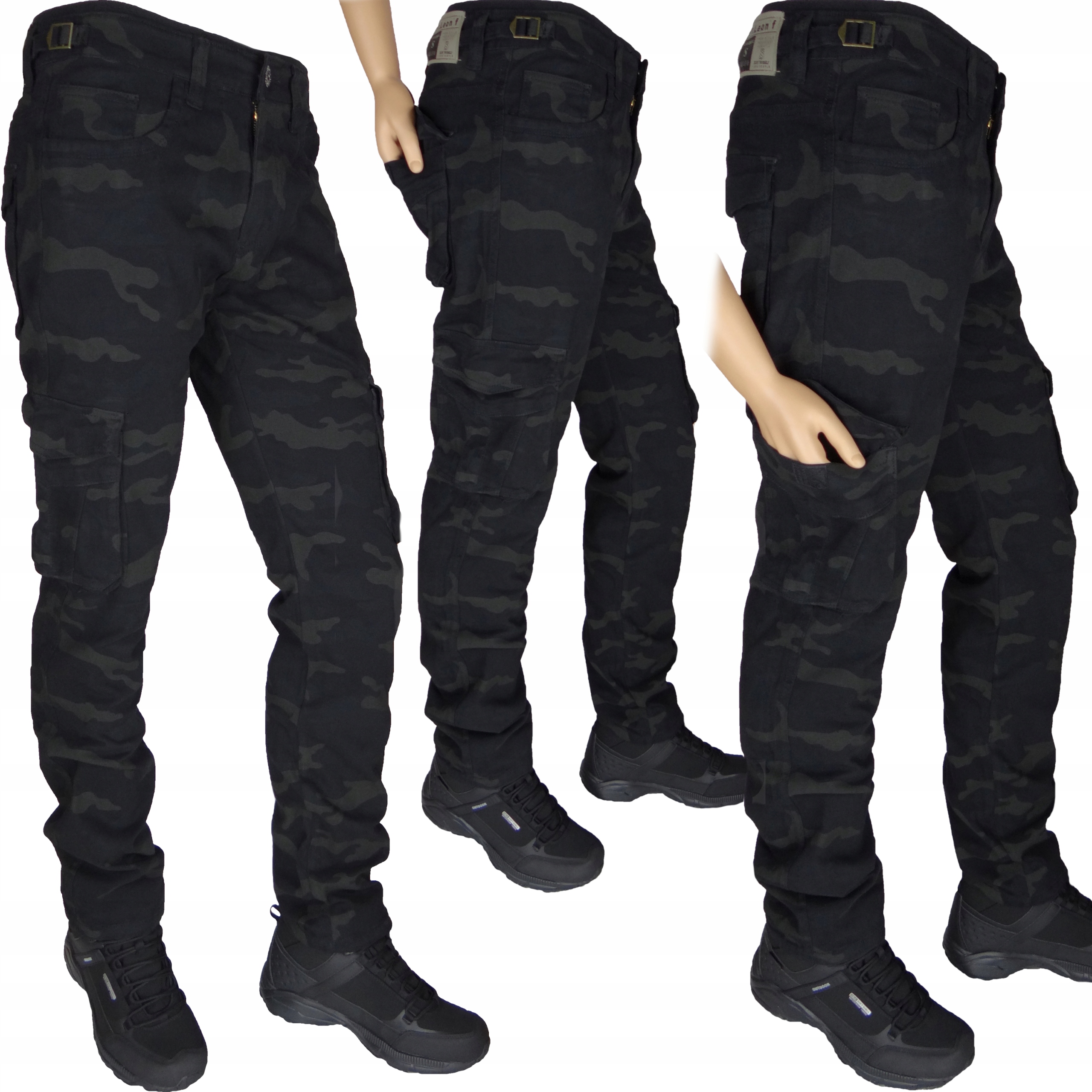 Spodnie Bojówki Czarne Moro W30 L32 Leon Rozciągliwe Regulacja Rozmiarówka