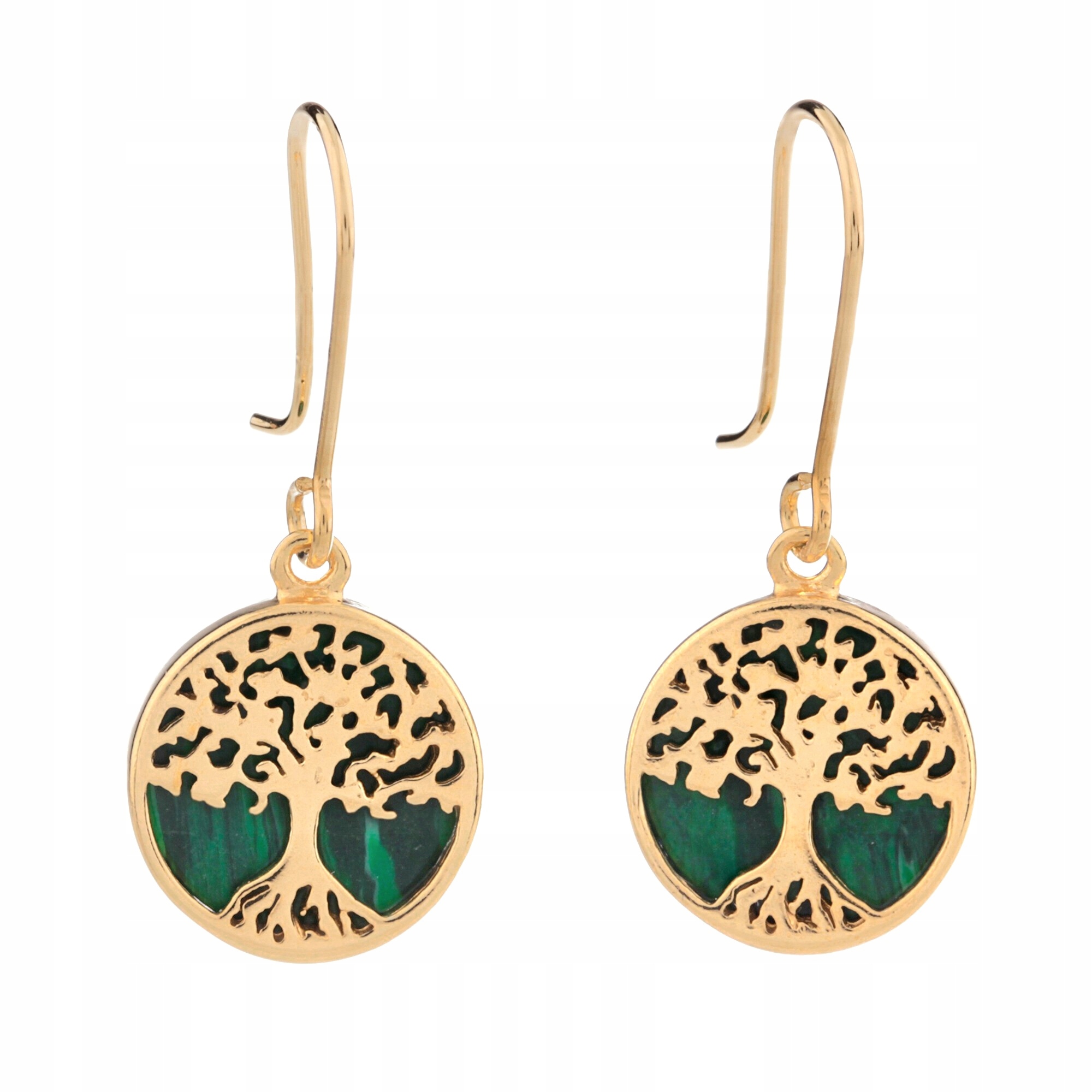 Zlaté Náušnice S Malachitem Stříbro, Pozlacený Strom Štěstí